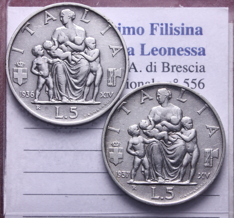 NL* VEIII Lotto 2 pezzi 5 LIRE Argento FECONDITA' 1936 XIV 1937 XV come da foto