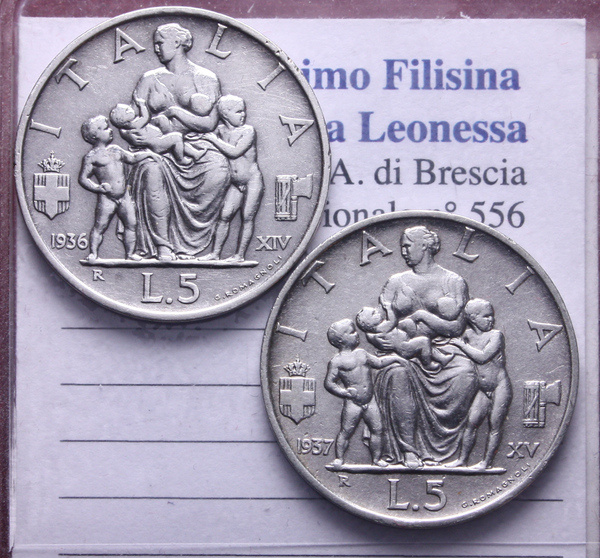 NL* VEIII Lotto 2 pezzi 5 LIRE Argento FECONDITA' 1936 XIV 1937 XV come da foto
