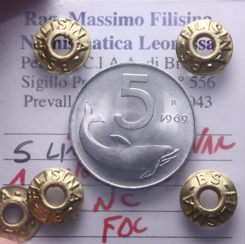 NL* Italia Repubblica 5 LIRE DELFINO 1969 1 CAPOVOLTO NC FDC Perizia Filisina