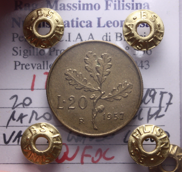 NL* ITALIA Repubblica 20 LIRE BRONZITAL 1957 7 GAMBO LARGO QFDC Perizia Filisina