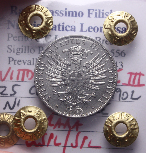NL* VEIII ITALIA 25 CENTESIMI VALORE 1902 RARA QSPL/SPL Perizia Filisina Massimo