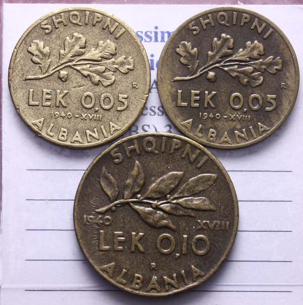 NL* VEIII ALBANIA Lotto 3 pezzi 0,05 LEK 1940 e 0,10 LEK 1940 come da foto