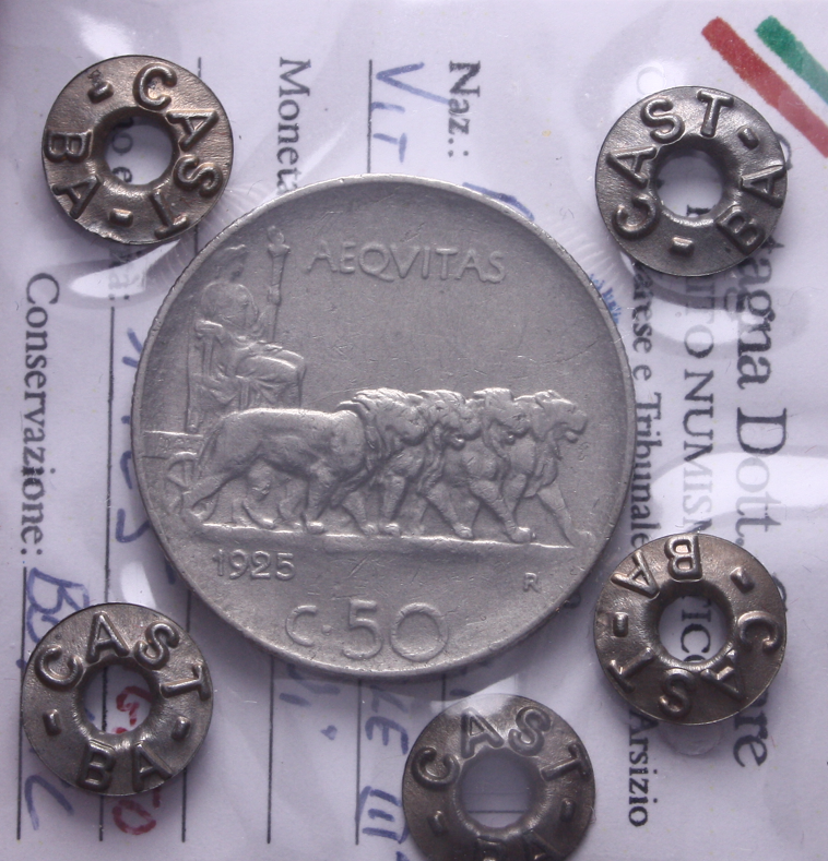 NL* VEIII 50 CENTESIMI LEONI CONTORNO RIGATO 1925 BB/SPL Perizia Castagna
