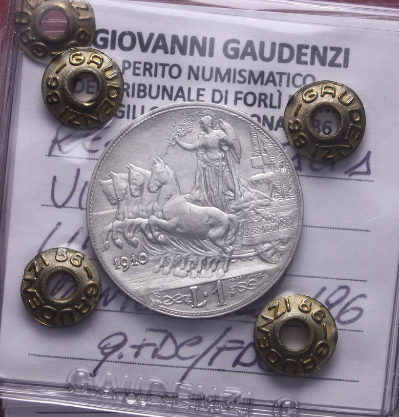 NL* VEIII Italia 1 LIRA Argento 1910 QUADRIGA VELOCE QFDC/FDC Perizia Gaudenzi