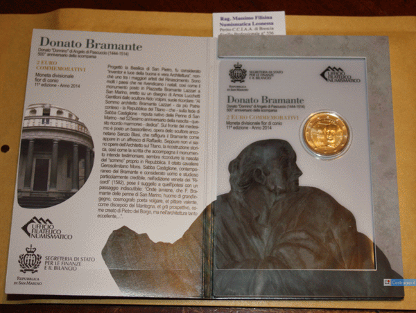 NL* Repubblica SAN MARINO 2 Euro 2014 DONATO BRAMANTE FDC set zecca