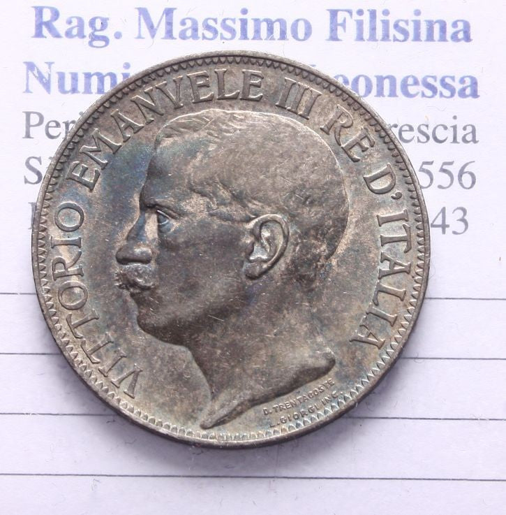 NL* VEIII 2 Lire ARGENTO 1911 CINQUANTENARIO SUPERBA Patina quasi iridescente