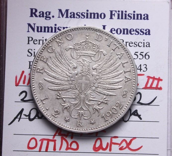 NL* VEIII ITALIA 2 Lire Argento 1902 AQUILA SABAUDA RARA Ottimo QFDC Periziata