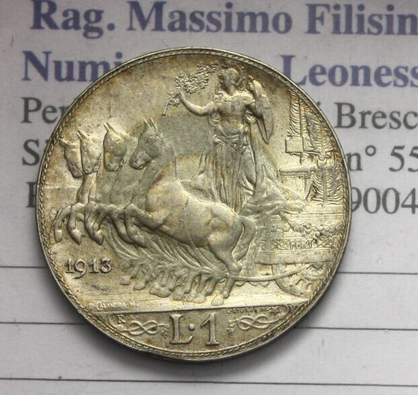 NL* VEIII ITALY 1 LIRA SILVER 1913 QUADRIGA VELOCE QFDC/FDC Appraisal Filisina M.