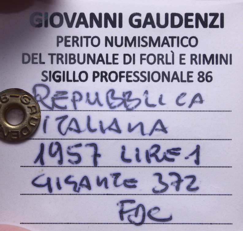 NL* Italia Repubblica 1 LIRA CORNUCOPIA 1957 FDC Perizia Gaudenzi Giovanni