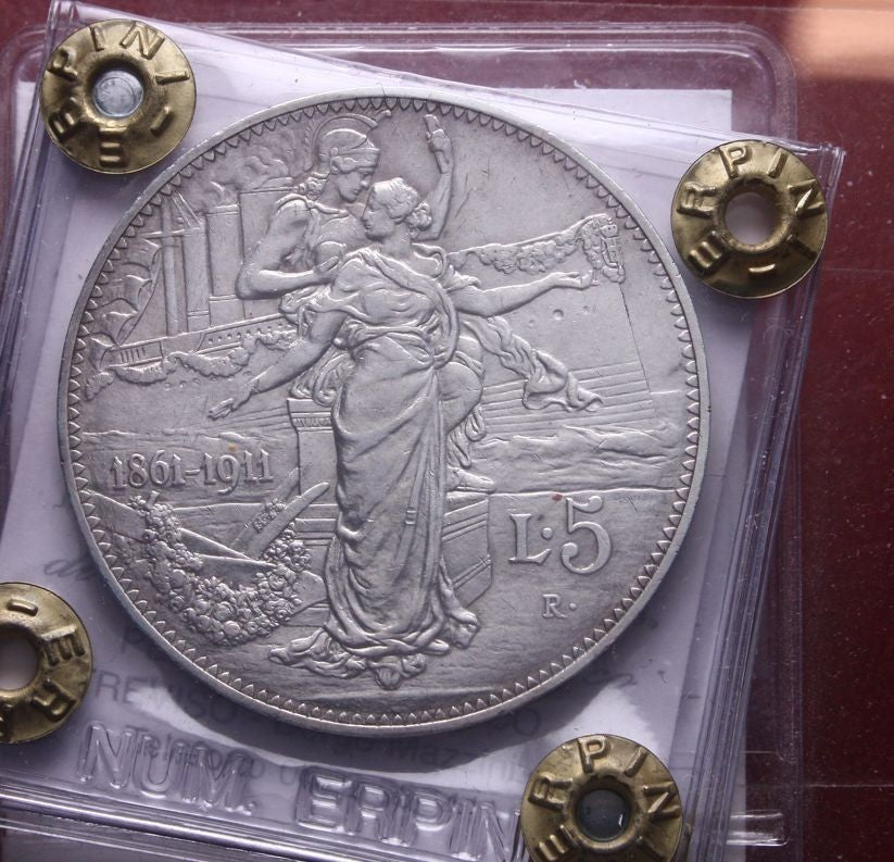 NL* VEIII 5 Lire ARGENTO 1911 CINQUANTENARIO RARA SPL+ Perizia Erpini GianFranco