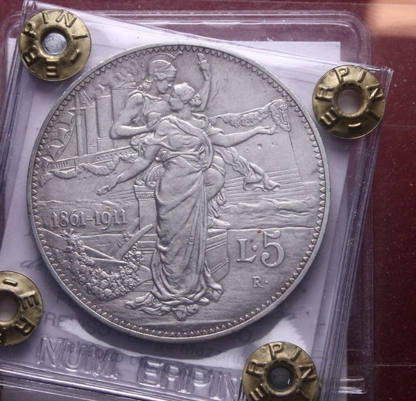 NL* VEIII 5 Lire ARGENTO 1911 CINQUANTENARIO RARA SPL+ Perizia Erpini GianFranco