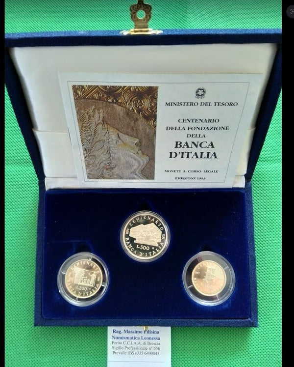 NL* ITALIA Trittico 500 +200 +100 LIRE Argento 1993 BANCA ITALIA PROOF set ZECCA