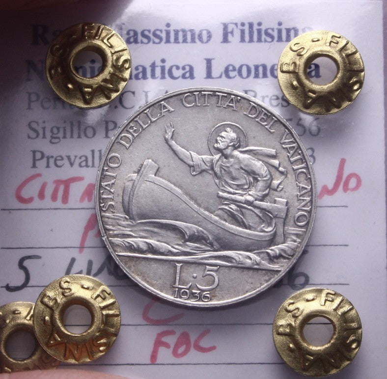 NL* CITTA' DEL VATICANO PAPA PIO XI 5 Lire Argento 1936 FDC Perizia Filisina