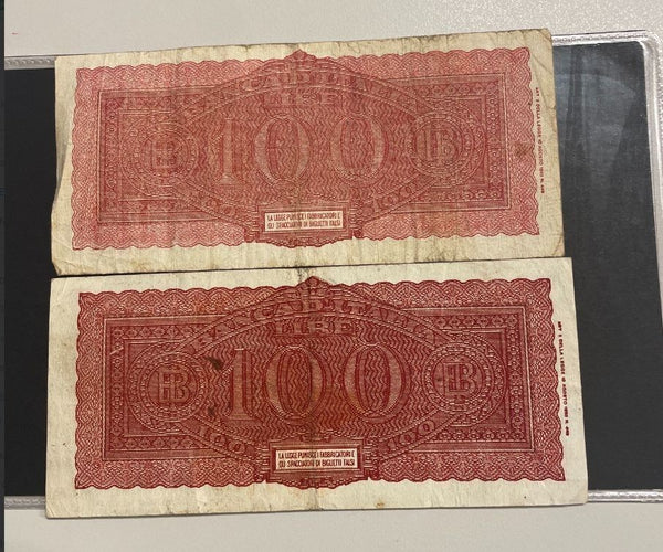 NL* BANCA ITALIA Lotto 2 BANCONOTE DA 100 LIRE ITALIA TURRITA Dicembre 1944
