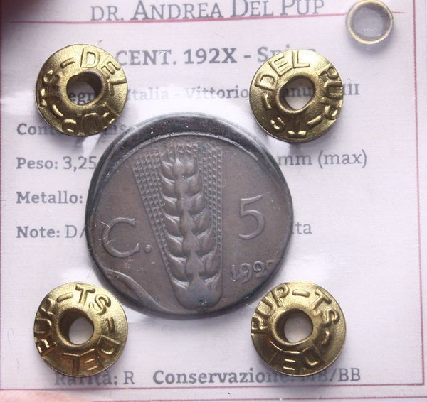 NL*VEIII 5 CENTESIMI SPIGA 192X Battitura DECENTRATA RARO MB/BB Perizia DEL PUP