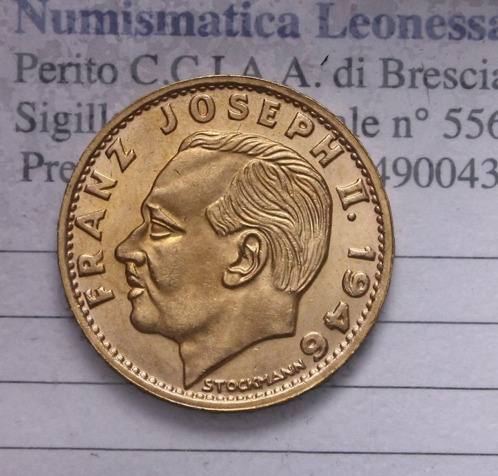 NL* LIECHTENSTEIN FRANZ JOSEPH I 20 FRANKEN Oro Gold 1946 superba conservaz. UNC