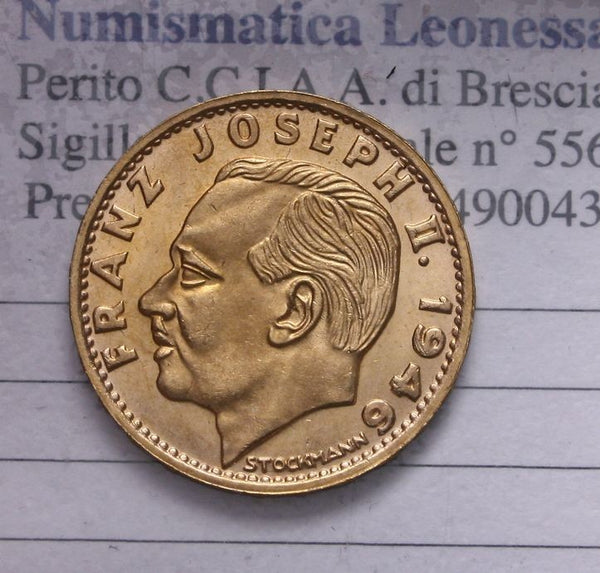 NL* LIECHTENSTEIN FRANZ JOSEPH I 20 FRANKEN Oro Gold 1946 superba conservaz. UNC
