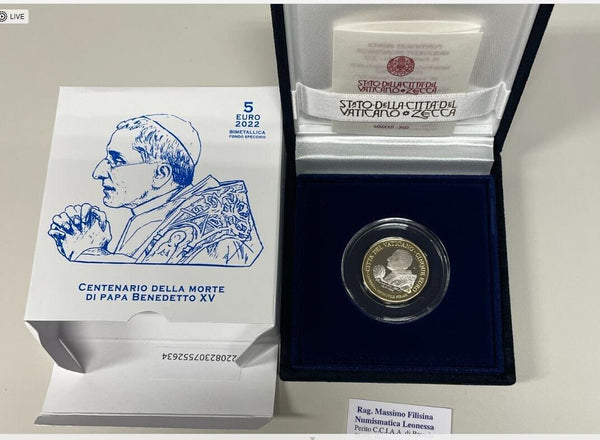 EN* VATICAN 5 Euro Bi-metallic 2022 CENTENARY OF THE DEATH OF BENEDICT XV PROOF SET