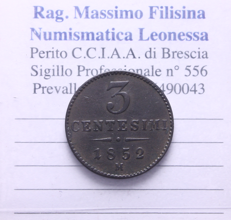 NL* LOMBARDO VENETO 3 CENTESIMI 1852 ZECCA DI MILANO ottima conservazione