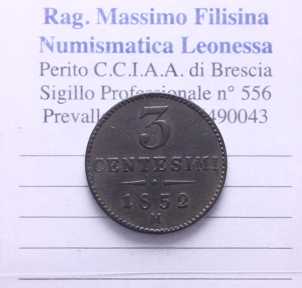 NL* LOMBARDO VENETO 3 CENTESIMI 1852 ZECCA DI MILANO ottima conservazione