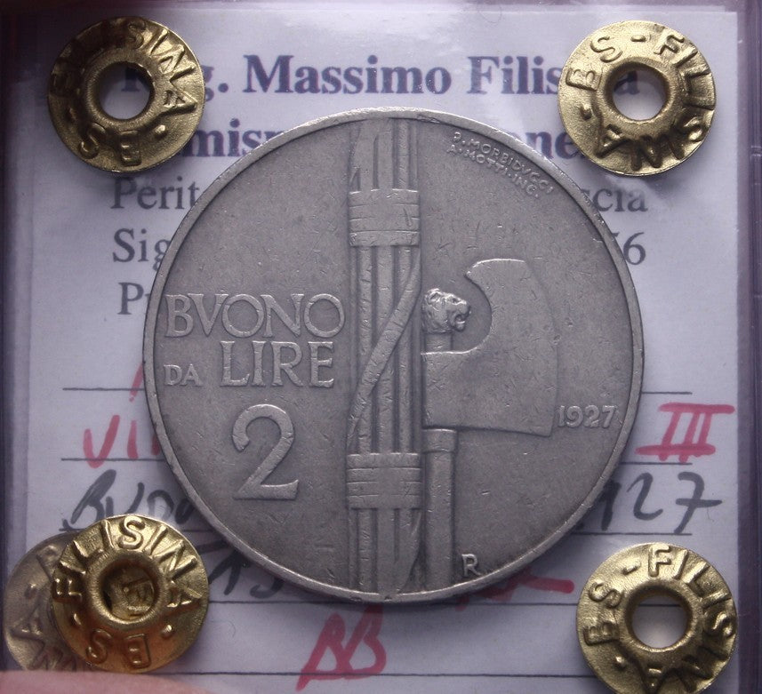 NL* VEIII RE D'ITALIA BUONO 2 LIRE FASCIO 1927 MOLTO RARO R2 BB Perizia Filisina