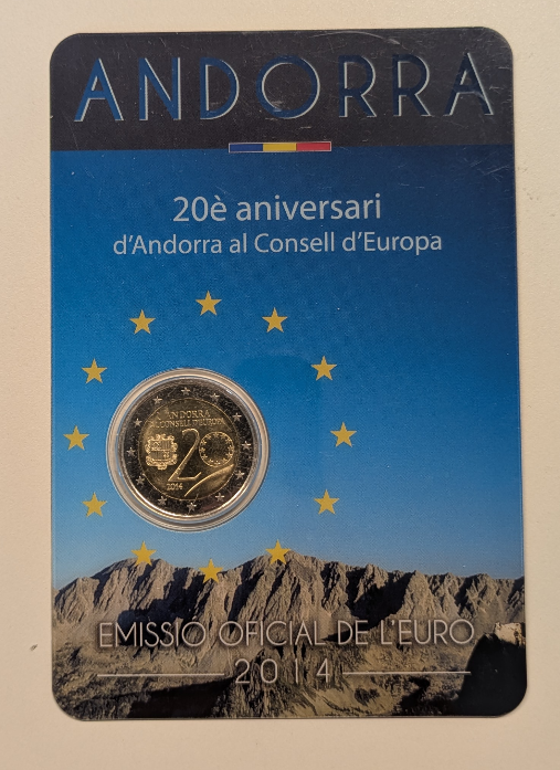 NL* ANDORRA 2 EURO 2014 20° ANNIVERSARIO CONSELL D'EUROPA FDC coin card