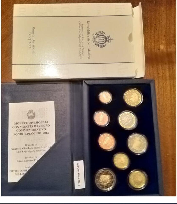 NL* SAN MARINO divisional set 2012 9 VALUES in EURO MIRROR BACKGROUND/PROOF mint set