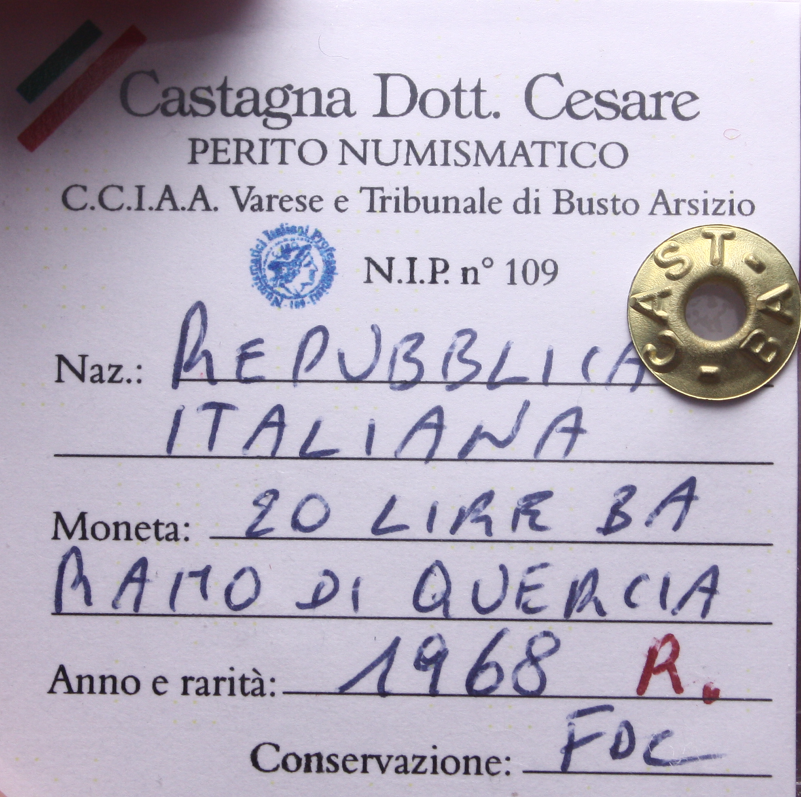 NL* ITALIA 20 Lire RAMO DI QUERCIA 1968 RARA FDC Perizia Castagna Cesare