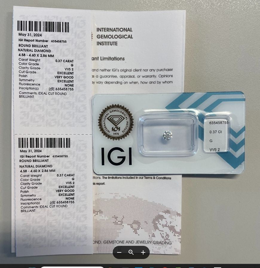 NL* DIAMANTE NATURALE Certificato IGI 0.37 CARATI Colore G VVS 2 EXC VG EX