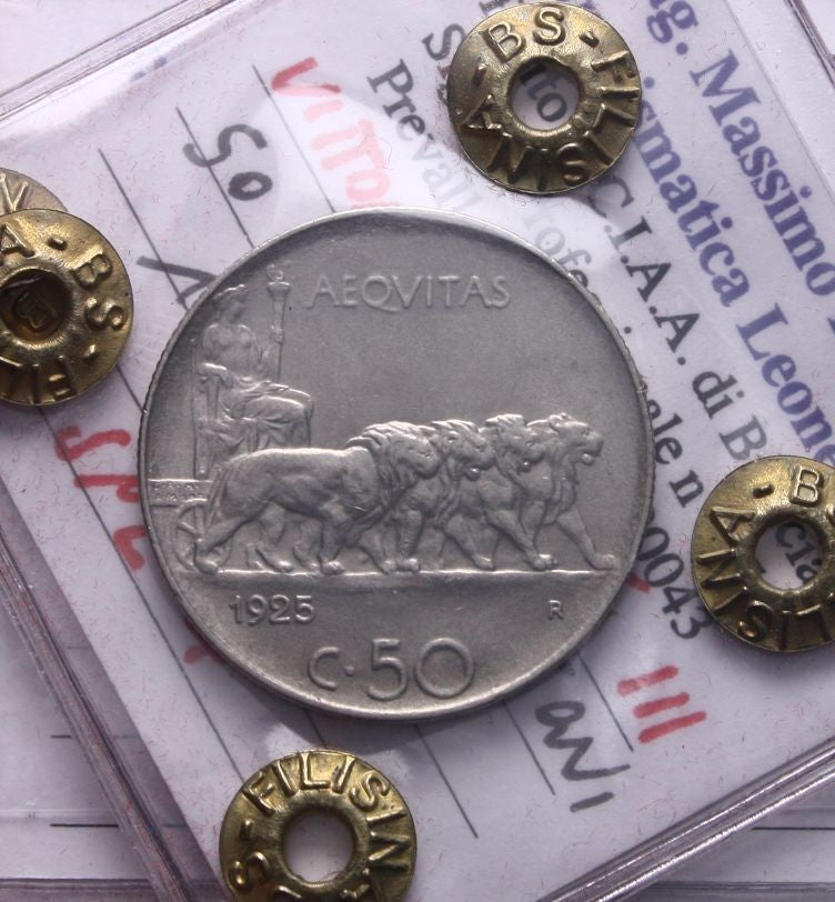 NL* VEIII 50 CENTESIMI LEONI CONTORNO RIGATO 1925 SPL+ Perizia Filisina M