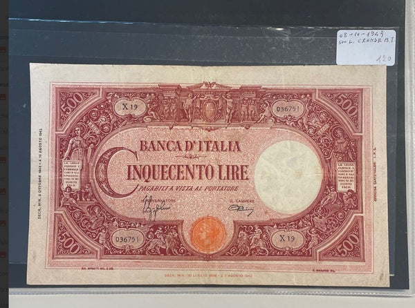 NL* BANCA D'ITALIA Banconota 500 LIRE BARBETTI C GRANDE 03 10 1943 X 19 super