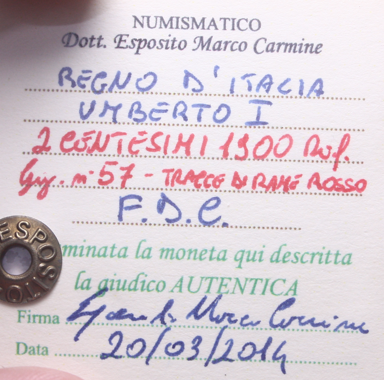 NL* UMBERTO I 2 CENTESIMI RAME 1900 TRACCE DI RAME ROSSO FDC Perizia Esposito