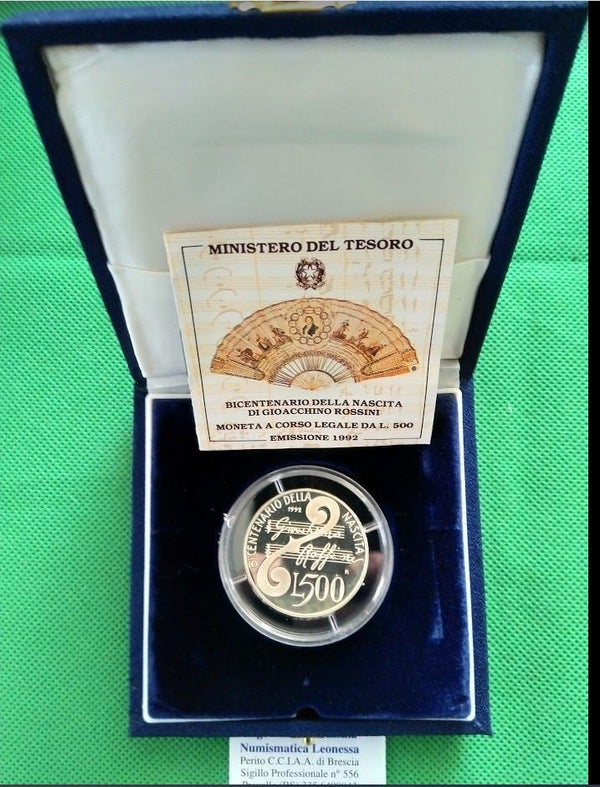NL* ITALIA 500 Lire Argento 1992 GIOACCHINO ROSSINI PROOF FS SET Originale Zecca