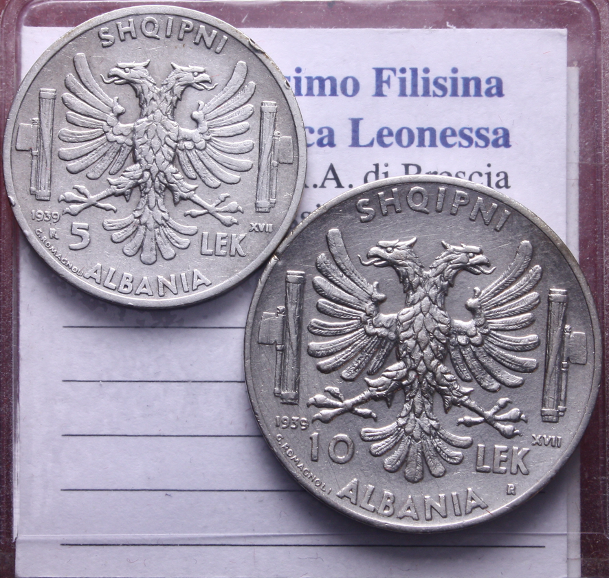 NL* VEIII ALBANIA Lotto 2 pezzi 5 LEK Ag 1939 e 10 LEK Ag 1939 XVII come da foto