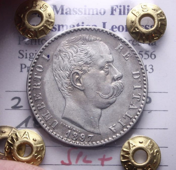 NL* UMBERTO I ITALIA 2 LIRE ARGENTO 1897 ROMA SPL+ Perizia Filisina Massimo