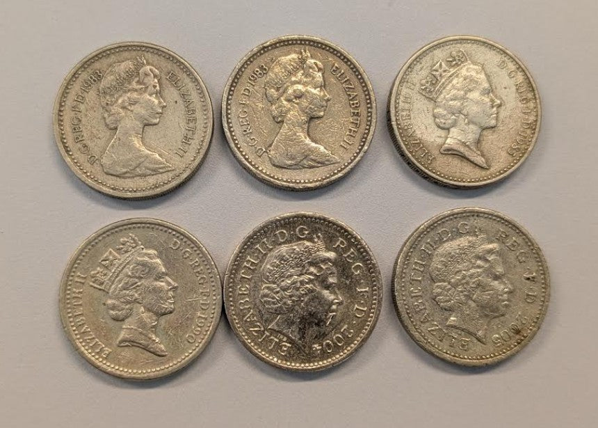 NL* REGNO UNITO Lotto 6 pezzi 1 POUND/ STERLINA 1983-1985-1990-2004-2005 foto