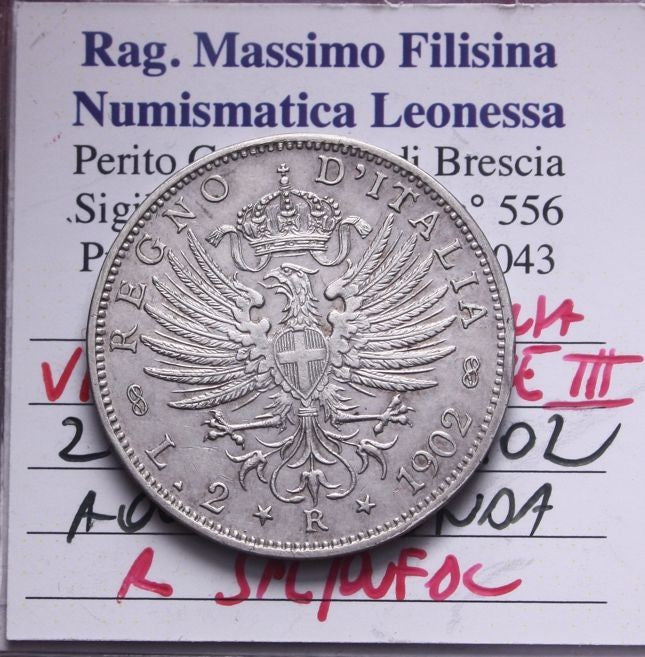 NL* VEIII 2 Lire Argento 1902 AQUILA SABAUDA RARA SPL/QFDC Perizia Filisina M.