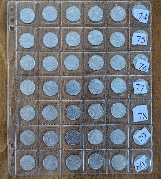 NL* ITALIA LOTTO 42 pezzi 5 LIRE DELFINO DAL 1974 AL 1980 FDC da rotolino