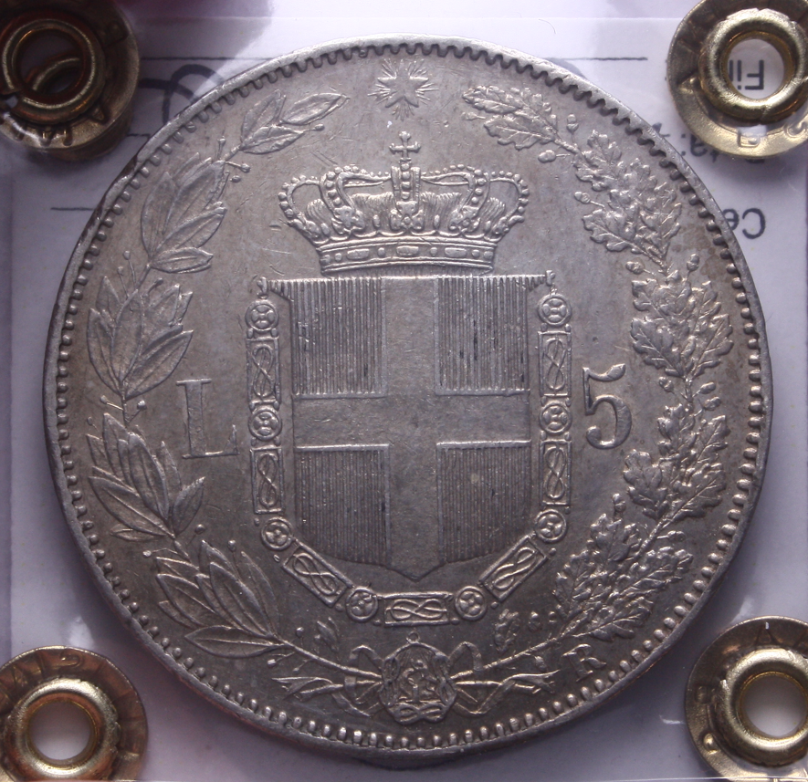 NL* UMBERTO I 5 Lire ARGENTO 1879 ROMA QSPL/SPL COLPETTI Perizia Filisina
