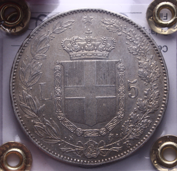 NL* UMBERTO I 5 Lire ARGENTO 1879 ROMA QSPL/SPL COLPETTI Perizia Filisina