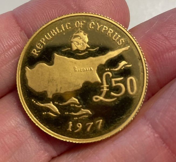 NL* CIPRO CYPRUS 50 Pounds Gold 50 Sterline oro 1977 MAKARIOS PROOF RARA