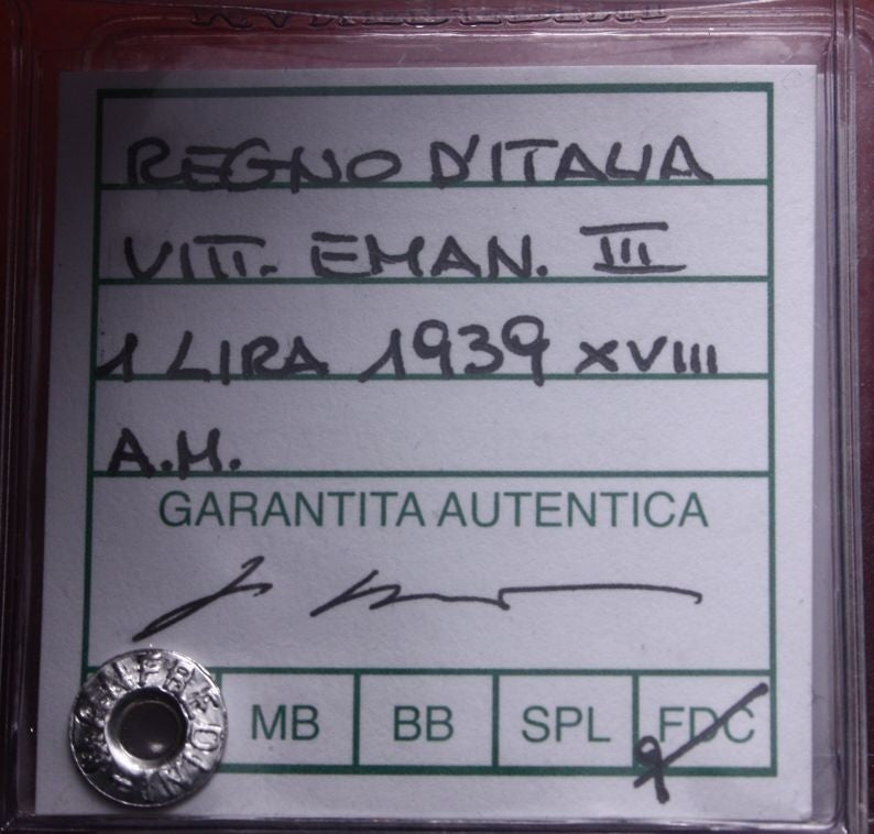 NL* VEIII 1 LIRA IMPERO 1939 XVIII Antimagnetica Q.FDC Perizia Manfredini Luca
