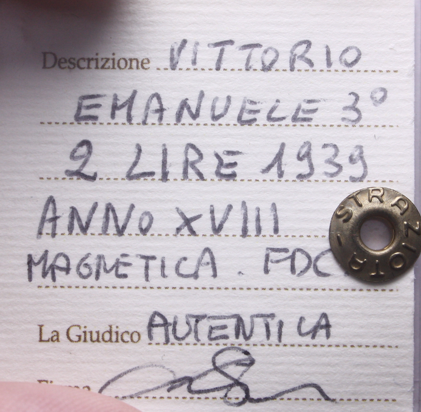 NL* VEIII 2 LIRE IMPERO 1939 XVIII MAGNETICA FDC Perizia Straziota Michele