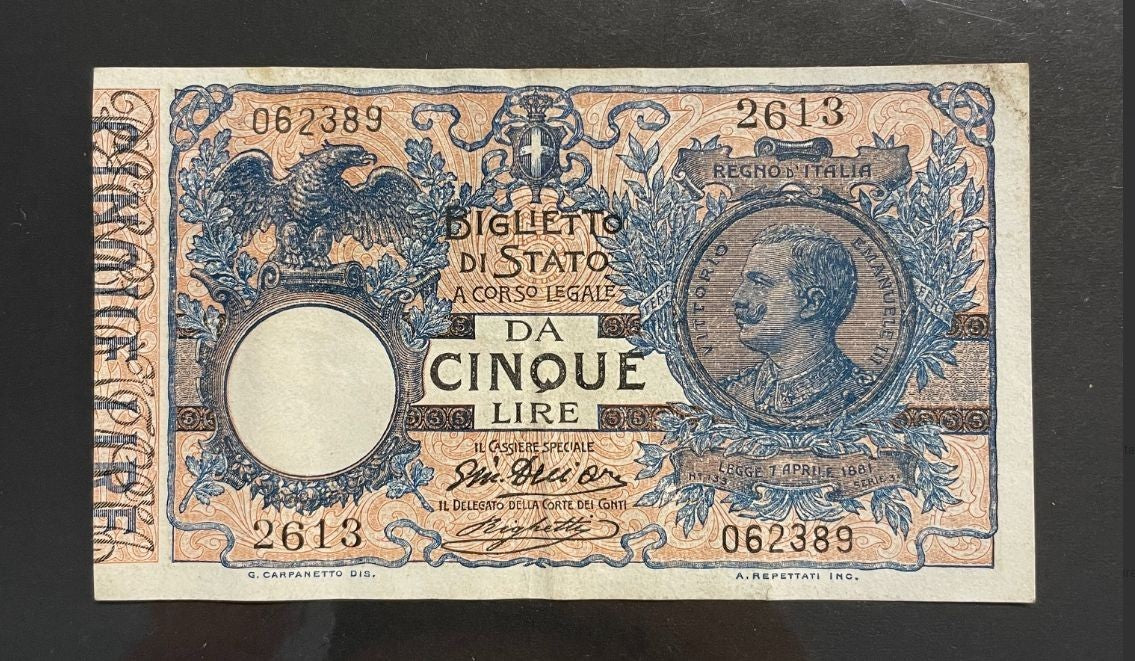 NL* VEIII BIGLIETTO DI STATO da 5 LIRE FLOREALE 17 GIUGNO 1915 2613 rara e super