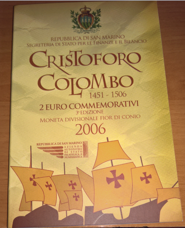 NL* SAN MARINO 2 Euro 2006 CRISTOFORO COLOMBO FDC SET ZECCA