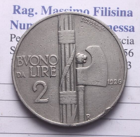NL* VEIII BUONO 2 LIRE FASCIO 1926 RARE R as pictured