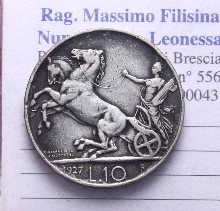 NL* VEIII ITALIA 10 LIRE ARGENTO BIGA 1927 ** 2 rosette A PESO