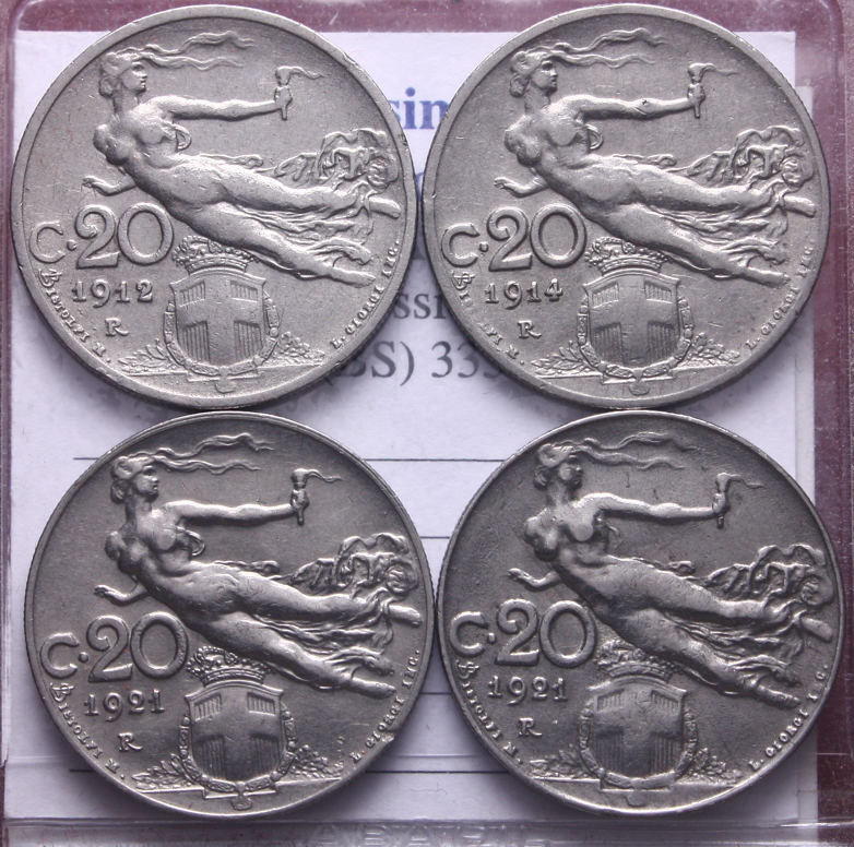 NL* ITALIA Lotto 4 Monete 20 CENTESIMI 1912 1914 1921 DONNA LIBRATA come da foto