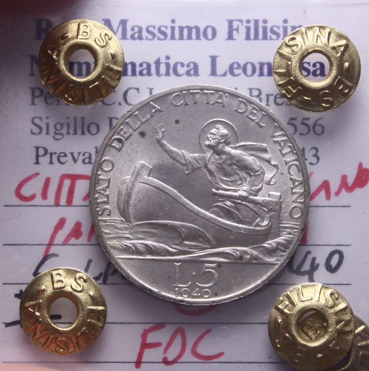 NL* CITTA' del VATICANO PAPA PIO XII 5 Lire Argento 1940 FDC II Perizia Filisina