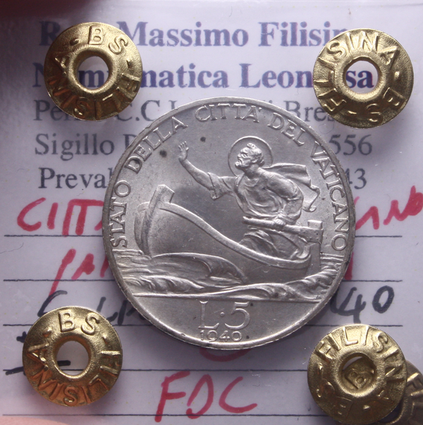 NL* CITTA' del VATICANO PAPA PIO XII 5 Lire Argento 1940 FDC II Perizia Filisina